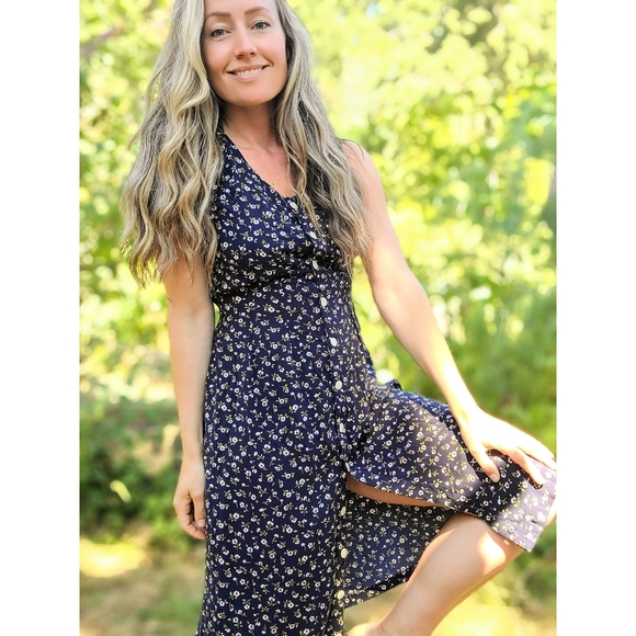 The Tori Vintage 90s Simple Floral Sun Dress Navy Sz M - Picture 9 of 9